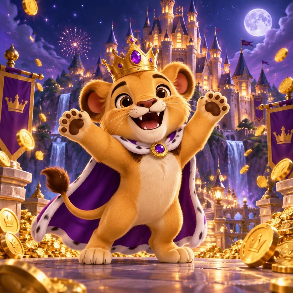 CrownRush lion king mascot celebrating in front of a castle